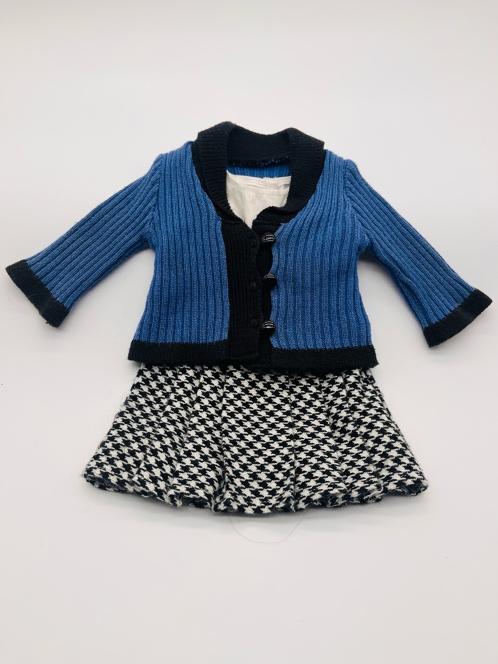 American Girl Rebecca School Outfit Blue Black Ribbed Cardigan Houndstooth Dress